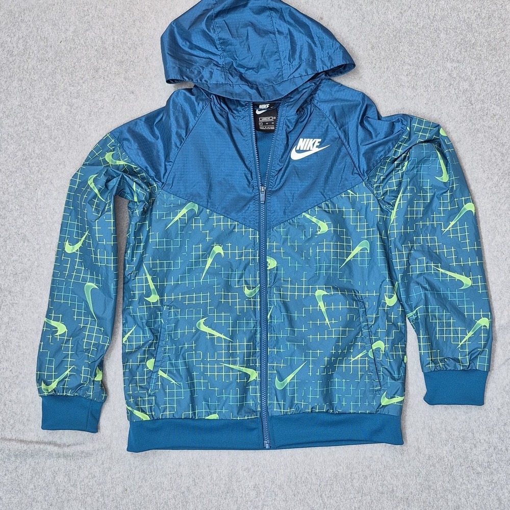 Nike Boy Jacket XL Blue Graphic Nike Swoosh Activewear Windrunner Logo AOP